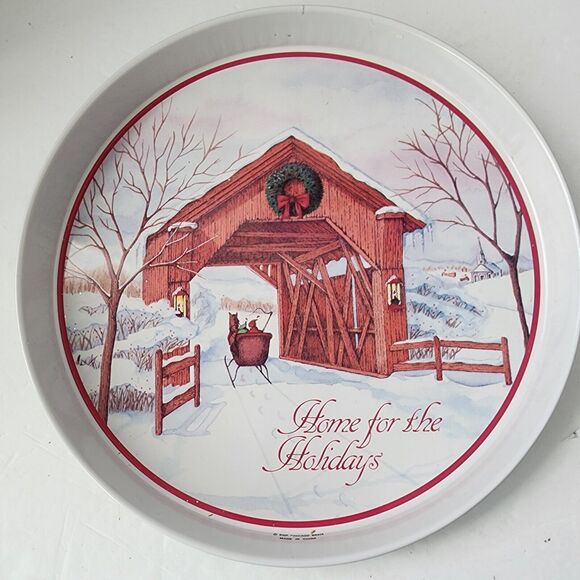 SNP Holiday Tin Tray Home For The Holidays with Red Bridge & Sleigh 11.5 In READ - Picture 1 of 9